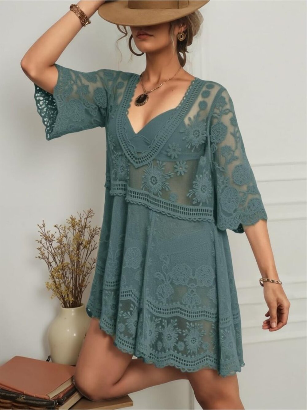 Women's Green Rayon V-Neck Coverup Sheer Mesh Lace Bathing Suit Swimsuit Coverup - Picture 5 of 5